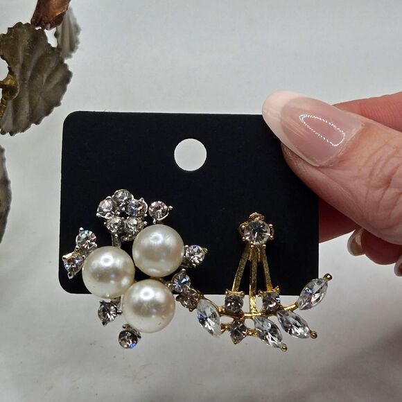 "5/$25" Mismatched Silver/Goldtone Faux Pearl Cluster Rhinestone Post Earrings - Picture 1 of 8